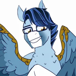 Size: 2600x2600 | Tagged: safe, artist:cracked hooves, derpibooru import, oc, oc:soaring spirit, unofficial characters only, pegasus, pony, accessory, armor, bust, chest fluff, coat markings, colored wings, facial markings, fluffy, glasses, image, jpeg, looking at you, male, markings, multicolored hair, multicolored wings, neck fluff, pegasus oc, portrait, profile, raffle prize, simple background, smiling, smiling at you, smirk, solo, stallion, white background, wing armor, wing brace, wings