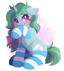 Size: 1794x1976 | Tagged: safe, artist:adostume, derpibooru import, oc, oc:kazumi, unofficial characters only, pony, unicorn, blushing, bow, clothes, cute, ear blush, eyebrows, eyebrows visible through hair, female, feral, floppy ears, hair bow, high res, horn, image, long hair, long mane, looking back, mare, messy mane, ocbetes, png, raised hoof, shy, simple background, sitting, smiling, socks, solo, striped socks, unicorn oc, wavy mouth