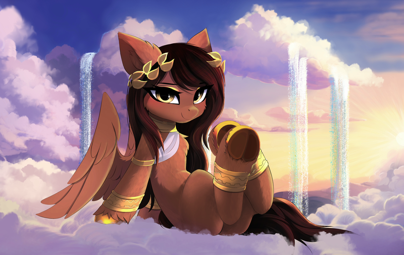 Size: 4390x2772 | Tagged: safe, artist:empress-twilight, derpibooru import, oc, oc:laurel light, unofficial characters only, pegasus, pony, chest fluff, cloud, commission, ear fluff, eyebrows, eyebrows visible through hair, female, frog (hoof), high res, image, jewelry, laurel wreath, leaning back, looking at you, mare, on a cloud, partially open wings, pegasus oc, png, regalia, sitting, sky, smiling, smiling at you, solo, underhoof, unshorn fetlocks, wings, ych result