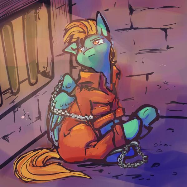 Size: 1024x1024 | Tagged: safe, artist:yarrowtrees, derpibooru import, lightning dust, bound wings, chained, chains, clothes, commissioner:rainbowdash69, cuffed, cuffs, image, jail, jpeg, never doubt rainbowdash69's involvement, prison, prison outfit, prisoner, shackles, solo, wings