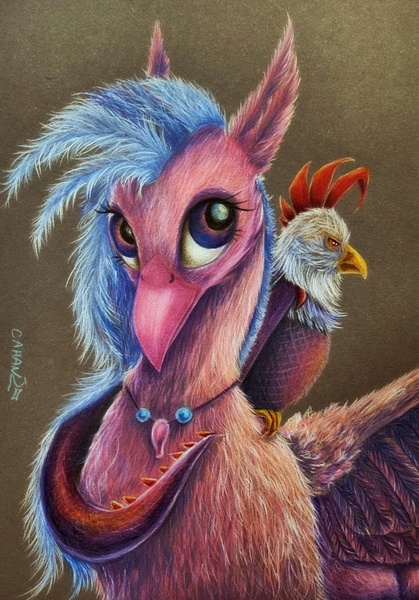Size: 1851x2653 | Tagged: safe, artist:cahandariella, derpibooru import, silverstream, cockatrice, hippogriff, beak, bust, colored pencil drawing, cute, edith, feather, female, gray background, image, jewelry, jpeg, looking at you, necklace, portrait, realistic, scales, simple background, traditional art
