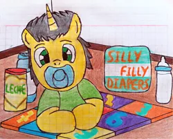 Size: 3603x2902 | Tagged: safe, artist:bitter sweetness, derpibooru import, oc, oc:bitter sweetness, abdl, adult foal, baby bottle, baby mat, baby milk, baby powder, clothes, diaper, diaper fetish, fetish, graph paper, green eyes, hooves, horn, image, looking at you, male, non-baby in diaper, pacifier, png, silly filly diapers, socks, striped socks, traditional art, wooden floor