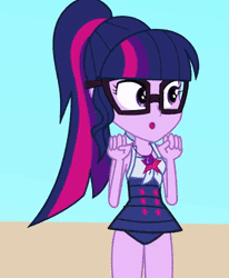 Size: 278x338 | Tagged: safe, artist:a giant woman, derpibooru import, sci-twi, twilight sparkle, equestria girls, animated, bouncing, clothes, gif, image, swimsuit