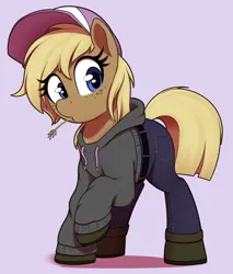 Size: 1700x2000 | Tagged: safe, artist:thebatfang, derpibooru import, oc, oc:hay bale, earth pony, pony, boots, cap, clothes, denim, female, freckles, hat, hoodie, image, jeans, looking at you, mare, pants, png, raised hoof, shoes, simple background, solo, straw in mouth