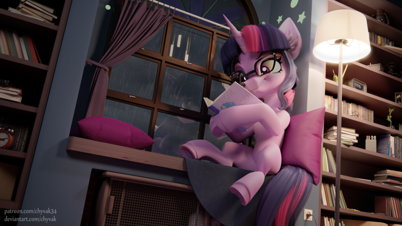 Size: 4297x2417 | Tagged: safe, artist:chyvak, derpibooru import, twilight sparkle, pony, unicorn, 3d, book, glasses, image, png, solo