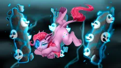 Size: 7740x4320 | Tagged: safe, artist:singovih, derpibooru import, pinkie pie, demon, demon pony, earth pony, original species, pony, cloud, female, grin, horns, image, levitation, lightning, looking at you, magic, mare, mask, png, sky, smiling, smiling at you, solo, species swap, telekinesis, totem