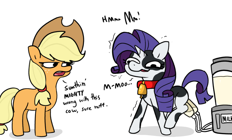 Size: 3734x2250 | Tagged: questionable, artist:tjpones, derpibooru import, applejack, rarity, cow, earth pony, pony, unicorn, bell, bell collar, breast milk, collar, cowbell, dialogue, duo, duo female, female, females only, image, mare, milking, milking machine, missing cutie mark, moo, paper-thin disguise, png, raricow, species swap