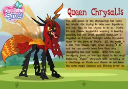 Size: 1070x747 | Tagged: safe, artist:aleximusprime, derpibooru import, queen chrysalis, changeling, changeling queen, flurry heart's story, bio, female, image, jpeg, mandibles, solo, spread wings, stinger, text, tongue out, wings
