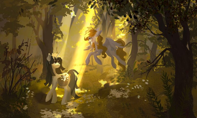 Size: 2048x1229 | Tagged: safe, artist:hichieca, derpibooru import, oc, oc:cookie byte, oc:tiz honolulu, unofficial characters only, pegasus, pony, unicorn, commission, crepuscular rays, duo, duo female, female, flower, flower in mouth, forest, horn, image, jpeg, looking at each other, looking at someone, mare, mouth hold, pegasus oc, scenery, tree, unicorn oc, wings