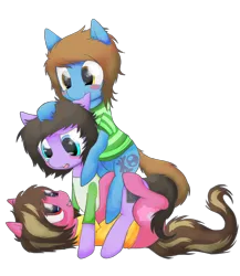 Size: 6500x7500 | Tagged: safe, artist:cactuscruncher, derpibooru import, ponified, earth pony, pony, absurd resolution, alex gaskarth, biting, blue coat, blue eyes, blushing, brown mane, clothes, derpibooru exclusive, dyed mane, dyed tail, ear bite, emo, facial hair, flustered, grin, image, jack barakat, josh franceschi, loving gaze, lying down, lying on pony, male, messy mane, messy tail, on back, open mouth, petting, pink coat, png, pony sandwich, purple coat, red eyes, shiny eyes, shirt, simple background, sitting on, sitting on person, sitting on pony, smiling, stack, stallion, striped shirt, t-shirt, tail, transparent background, trio, trio male, yellow eyes