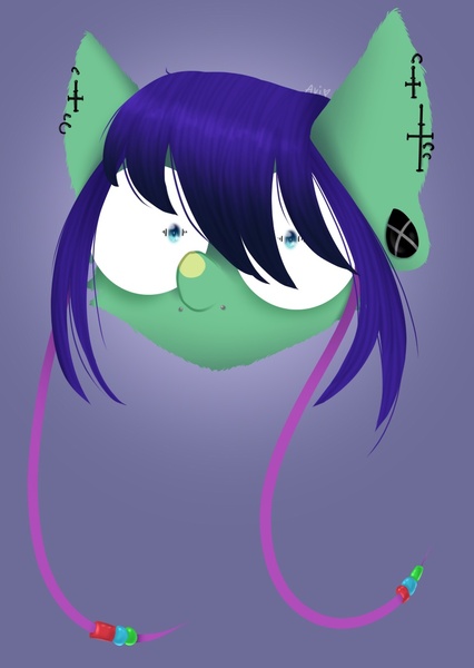 Size: 829x1167 | Tagged: safe, artist:avi, derpibooru import, oc, original species, braid, green fur, image, jpeg, looking at you, male, piercing, purple hair, simple background, small eyes, solo