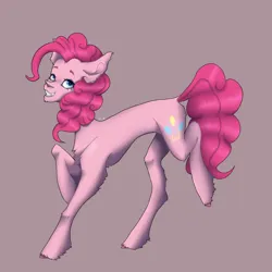 Size: 1500x1500 | Tagged: safe, artist:avi, derpibooru import, pinkie pie, pony, concave belly, female, hoof fluff, image, jpeg, looking at you, mare, simple background, slim, smiling, solo, thin, unshorn fetlocks