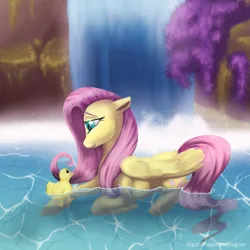 Size: 1000x1000 | Tagged: safe, artist:opal2023, derpibooru import, fluttershy, pegasus, pony, +artist:opal2023, duckling, female, image, mare, png, solo, water, waterfall