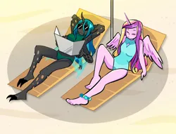Size: 1280x977 | Tagged: safe, artist:stevetwisp, derpibooru import, part of a set, princess cadance, queen chrysalis, anthro, anklet, beach, beach chair, cadalis, chair, clothes, colored, female, image, infidelity, jewelry, jpeg, lesbian, multiple arms, shipping, simple background, sunbathing, sunglasses, swimsuit