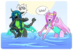 Size: 1280x882 | Tagged: safe, artist:stevetwisp, derpibooru import, part of a set, princess cadance, queen chrysalis, anthro, beach, cadalis, clothes, colored, female, hissing, image, infidelity, jpeg, laughing, lesbian, multiple arms, playful, shipping, simple background, speech bubble, splashing, swimsuit, water