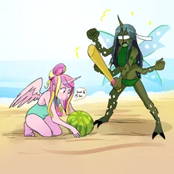 Size: 1280x1280 | Tagged: safe, artist:stevetwisp, derpibooru import, part of a set, princess cadance, queen chrysalis, anthro, baseball bat, beach, blindfold, cadalis, changeling loves watermelon, clothes, colored, female, food, humming, image, infidelity, jpeg, lesbian, multiple arms, shipping, simple background, swimsuit, this will end in pain, watermelon