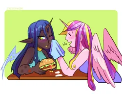 Size: 1280x983 | Tagged: safe, artist:stevetwisp, derpibooru import, part of a set, princess cadance, queen chrysalis, anthro, beach, blush lines, blushing, burger, cadalis, choker, clothes, colored, female, food, hamburger, image, infidelity, jpeg, laughing, lesbian, multiple arms, napkin, shipping, simple background, swimsuit, wiping