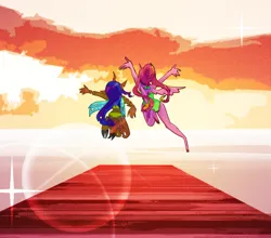 Size: 1280x1126 | Tagged: safe, artist:stevetwisp, derpibooru import, part of a set, princess cadance, queen chrysalis, anthro, arms in the air, beach, cadalis, clothes, colored, dock, female, image, infidelity, jpeg, jumping, lens flare, lesbian, multiple arms, shipping, simple background, sunset, swimsuit, tail