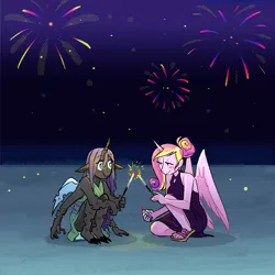 Size: 1280x1280 | Tagged: safe, artist:stevetwisp, derpibooru import, part of a set, princess cadance, queen chrysalis, anthro, beach, cadalis, clothes, colored, crouching, dress, female, fireworks, image, infidelity, jpeg, lesbian, multiple arms, sandals, shipping, simple background, updo