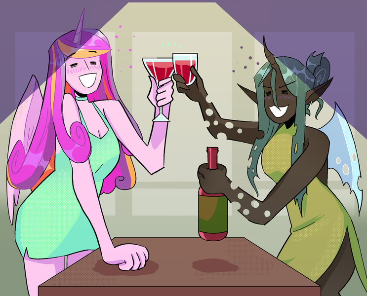 Size: 1280x1033 | Tagged: safe, artist:stevetwisp, derpibooru import, part of a set, princess cadance, queen chrysalis, anthro, alcohol, bottle, bubble, cadalis, clothes, colored, dress, drink, drinking, female, glass, image, infidelity, jpeg, lesbian, shipping, simple background, tipsy, toasting, wine bottle, wine glass