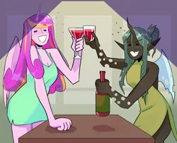 Size: 1280x1033 | Tagged: safe, artist:stevetwisp, derpibooru import, part of a set, princess cadance, queen chrysalis, anthro, alcohol, bottle, bubble, cadalis, clothes, colored, dress, drink, drinking, female, glass, image, infidelity, jpeg, lesbian, shipping, simple background, tipsy, toasting, wine bottle, wine glass