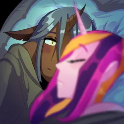 Size: 1280x1280 | Tagged: safe, artist:stevetwisp, derpibooru import, part of a set, princess cadance, queen chrysalis, anthro, bed, bedroom eyes, cadalis, eyes closed, eyes open, female, focus, foreground blur, image, infidelity, jpeg, lesbian, looking at someone, shipping, sleeping, sleeping together
