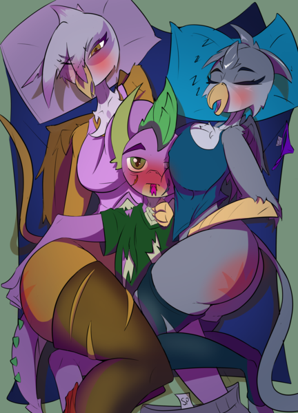 Size: 3600x5000 | Tagged: suggestive, artist:peppertech, derpibooru import, gabby, gilda, spike, anthro, dragon, gryphon, aftersex, big breasts, bottomless, breasts, busty gabby, busty gilda, butt, clothes, cuddling, cute, eyes closed, female, gabbybetes, image, implied spanking, male, no panties, no pants, one eye closed, onomatopoeia, partial nudity, png, shipping, sleeping, socks, sound effects, spabby, spilda, straight, thigh highs, zzz