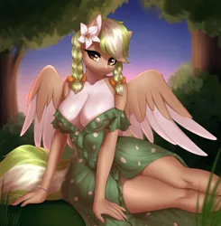 Size: 1920x1957 | Tagged: suggestive, artist:yutakira92, derpibooru import, oc, oc:sylvia evergreen, unofficial characters only, anthro, pegasus, areola, areola slip, braid, braided pigtails, breasts, cleavage, clothes, commission, dress, female, flower, flower in hair, forest, frills, grass, hair tie, image, lily (flower), looking at you, off shoulder, pegasus oc, pigtails, png, questionable source, sitting, smiling, solo, solo female, tree, wings, ych result