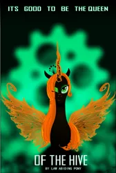 Size: 673x1000 | Tagged: safe, artist:gryphonia, derpibooru import, changeling queen oc, oc, oc:queen yumia, unofficial characters only, changeling, changeling queen, fanfic:of the hive, abstract background, fanfic art, female, gears, image, looking at you, one eye closed, png, solo, spread wings, wings