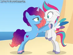 Size: 1400x1050 | Tagged: safe, artist:alejandrogmj, derpibooru import, zipp storm, pegasus, pony, unicorn, g5, base used, beach, dawnstorm, female, image, kissing, lesbian, looking at each other, looking at someone, misty brightdawn, ocean, png, shipping, surprised, water