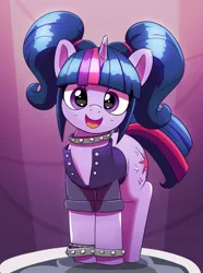 Size: 1861x2504 | Tagged: safe, artist:pabbley, derpibooru import, twilight sparkle, pony, unicorn, alternate hairstyle, bracelet, clothes, cute, female, gameloft, gameloft interpretation, high res, image, jacket, jpeg, looking at you, mare, open mouth, open smile, pigtails, rockstar sparkle, smiling, smiling at you, solo, spiked wristband, twiabetes, twintails, unicorn twilight, weapons-grade cute, wristband