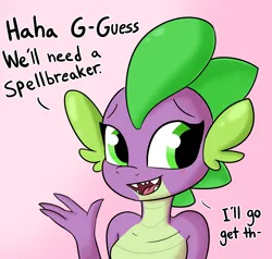 Size: 6544x6242 | Tagged: safe, artist:tjpones, derpibooru import, spike, dragon, absurd resolution, barb, bust, dialogue, dragoness, female, image, implied twilight sparkle, looking offscreen, open mouth, open smile, png, rule 63, smiling, solo