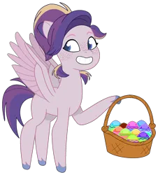 Size: 1388x1536 | Tagged: safe, artist:westrail642fan, derpibooru import, oc, oc:shooting star (r&f), pegasus, pony, g5, my little pony: tell your tale, basket, easter egg, female, freckles, image, offspring, parent:oc:david wyne, parent:princess cadance, parents:canon x oc, pegasus oc, png, simple background, solo, spread wings, style emulation, trace, transparent background, wings