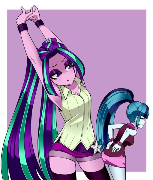 Size: 1700x2000 | Tagged: safe, artist:nekojackun, derpibooru import, aria blaze, sonata dusk, equestria girls, armpits, belt, bracelet, clothes, duo, eyes closed, eyeshadow, female, gritted teeth, image, jpeg, makeup, shirt, shorts, skirt, sleeveless, socks, spiked wristband, stockings, stretching, teeth, thigh highs, wristband