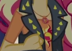 Size: 149x105 | Tagged: safe, derpibooru import, screencap, sunset shimmer, cheer you on, equestria girls, equestria girls series, spoiler:eqg series (season 2), boobshot, breasts, clothes, cutie mark, cutie mark on clothes, fist, geode of empathy, image, jewelry, leather, leather vest, magical geodes, necklace, pictures of chests, png, shoulderless shirt, solo, spikes, vest