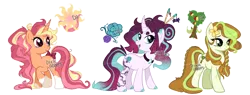 Size: 5448x2073 | Tagged: safe, artist:dixieadopts, derpibooru import, oc, oc:jade mist, oc:pear petal, oc:strawberry sunshine, unofficial characters only, earth pony, pony, unicorn, bow, female, image, magical lesbian spawn, mare, offspring, parent:fluttershy, parent:grand pear, parent:granny smith, parent:mistmane, parent:pinkie pie, parent:sunburst, png, simple background, tail, tail bow, transparent background