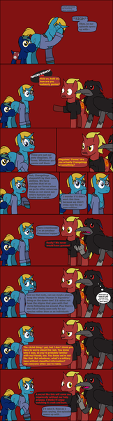 Size: 792x2927 | Tagged: safe, artist:j-yoshi64, derpibooru import, oc, oc:firebrand, oc:lunacorva, ponified, unofficial characters only, human, hybrid, pony, unicorn, yoshi, comic:taking a self-insert too seriously, analysis bronies, blonde hair, blue coat, comic, crater, dialogue, exposition, green mane, human in equestria, image, lykorvid, male, png, red coat, reference to another series, self insert, speech bubble, stallion, text, wall of text