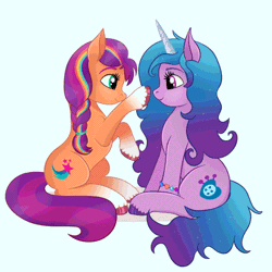 Size: 640x640 | Tagged: safe, artist:szafir87, derpibooru import, izzy moonbow, sunny starscout, earth pony, pony, unicorn, g5, animated, boop, female, gif, image, izzyscout, lesbian, looking at each other, looking at someone, mare, shipping, simple background, sitting, unshorn fetlocks, white background