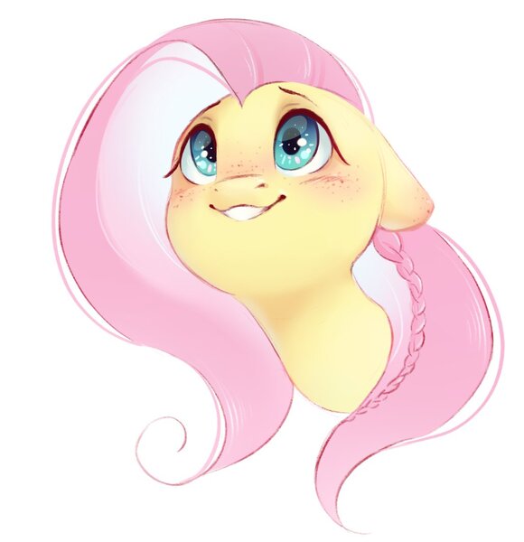 Size: 1029x1065 | Tagged: safe, artist:melodylibris, derpibooru import, fluttershy, pony, alternate hairstyle, blushing, braid, bust, ear blush, female, floppy ears, freckles, freckleshy, grin, image, jpeg, mare, portrait, simple background, smiling, solo, white background