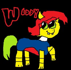 Size: 576x570 | Tagged: safe, artist:foxncrow4eva4344, derpibooru import, ponified, bird, earth pony, pony, 40s, black background, bucktooth, crossover, g4, green tail, image, jpeg, male, raised hoof, raised leg, red hair, red mane, simple background, smiling, stallion, tail, universal studios, walter lantz, woodpecker, woody woodpecker, woody woodpecker (series)
