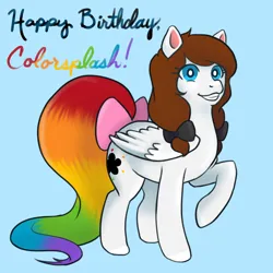 Size: 1080x1080 | Tagged: safe, artist:blacklightblogging, derpibooru import, oc, oc:color splash, unofficial characters only, pegasus, pony, blue background, bow, female, grin, happy birthday, image, mare, pigtails, png, rainbow tail, raised hoof, simple background, smiling, solo, tail, tail bow, twintails