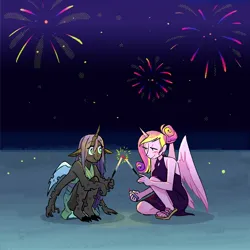 Size: 1900x1900 | Tagged: safe, alternate version, artist:stevetwisp, derpibooru import, part of a set, princess cadance, queen chrysalis, alicorn, anthro, changeling, barefoot, beach, blushing, boob window, cadalis, clothes, colored, crouching, dress, duo, feet, female, fire, fireworks, image, infidelity, jpeg, lesbian, multiple arms, night, sand, sandals, shipping, simple background, sparkler (firework), stars, updo