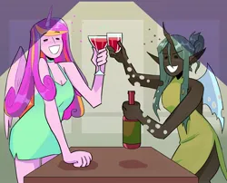 Size: 1745x1408 | Tagged: safe, artist:stevetwisp, derpibooru import, part of a set, princess cadance, queen chrysalis, alicorn, anthro, changeling, alcohol, blushing, bottle, bubble, cadalis, clothes, colored, dress, drink, drinking, drinking glass, drunk, duo, eyes closed, female, glass, grin, image, infidelity, jpeg, lesbian, shipping, simple background, smiling, table, tipsy, toasting, wine, wine bottle, wine glass