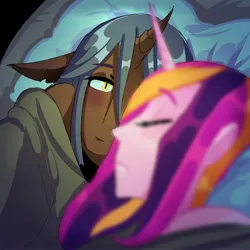Size: 3000x3000 | Tagged: safe, artist:stevetwisp, derpibooru import, part of a set, princess cadance, queen chrysalis, alicorn, anthro, changeling, bed, bedroom eyes, blanket, blushing, cadalis, duo, eyes closed, eyes open, female, focus, foreground blur, gritted teeth, image, infidelity, jpeg, lesbian, looking at someone, pillow, shipping, sleeping, sleeping together, teeth