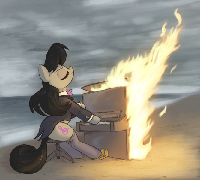 Size: 3000x2700 | Tagged: safe, artist:t72b, derpibooru import, octavia melody, ponified, earth pony, pony, beach, bowtie, burning, chair, clothes, cloud, cloudy, coat, danila bolshakov, eyes closed, female, fire, image, mare, meme, musical instrument, ocean, piano, png, ponified meme, ponified scene, reference in the comments, sitting, socks, solo, stockings, suit, thigh highs, water