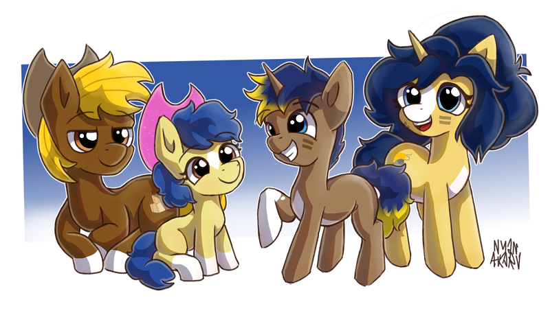 Size: 2952x1684 | Tagged: safe, artist:nyanakaru, oc, oc:acres, oc:daisy kicks, oc:flash reboot, oc:halftone, unofficial characters only, earth pony, pony, unicorn, blue background, blue mane, brother and sister, coat markings, colt, cowboy hat, cute, family, family photo, female, filly, foal, gradient background, grin, happy, hat, image, lying down, male, mare, ocbetes, open mouth, open smile, parent and child, png, prone, raised hoof, raised leg, siblings, simple background, sitting, smiling, socks (coat marking), stallion, standing, two toned mane, white outline, yellow mane