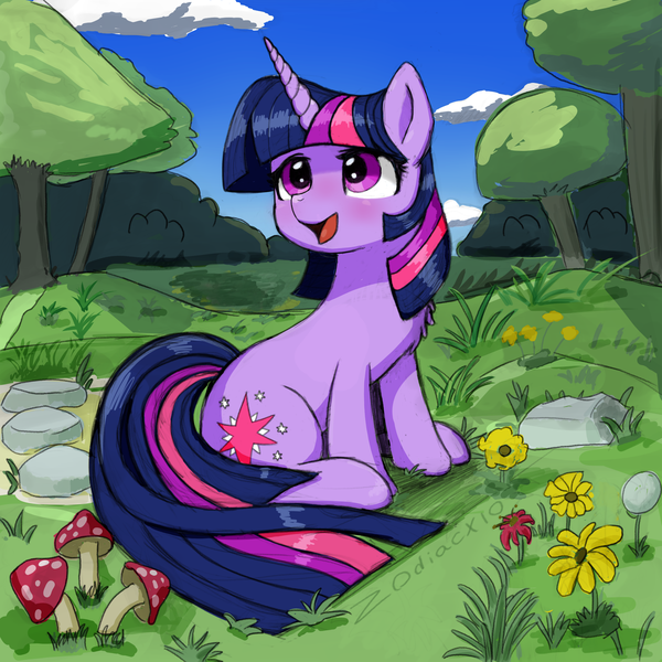 Size: 2048x2048 | Tagged: safe, artist:zodiacx10, derpibooru import, twilight sparkle, pony, unicorn, cloud, cute, featured image, female, flower, forest, grass, image, mare, mushroom, open mouth, open smile, png, rock, signature, sitting, sky, smiling, solo, tree, twiabetes, unicorn twilight