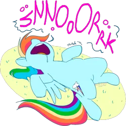 Size: 1309x1303 | Tagged: safe, artist:vellichorom, derpibooru import, rainbow dash, pegasus, pony, drool, drool on face, female, image, lying down, majestic as fuck, mare, on back, open mouth, png, simple background, sleeping, snoring, solo, transparent background