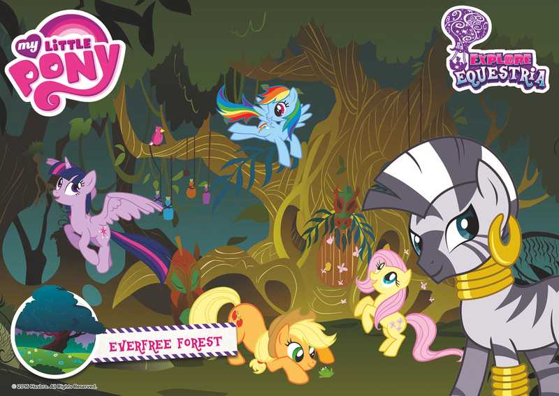 Size: 1800x1275 | Tagged: safe, derpibooru import, official, applejack, fluttershy, rainbow dash, twilight sparkle, twilight sparkle (alicorn), zecora, alicorn, bird, butterfly, earth pony, frog, insect, pegasus, pony, zebra, crouching, everfree forest, explore equestria, female, flying, hot air balloon, image, looking at something, looking at you, mare, mask, my little pony logo, outdoors, png, postcard, rearing, spread wings, stock vector, text, tree, wingless, wings, zecora's hut