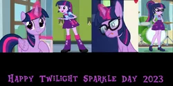 Size: 2000x1000 | Tagged: safe, artist:mlpfan3991, derpibooru import, sci-twi, twilight sparkle, twilight sparkle (alicorn), ponified, alicorn, human, pony, unicorn, equestria girls, equestria girls (movie), equestria girls series, spring breakdown, 2023, equestria girls ponified, female, glasses, image, mare, png, twilight sparkle day, unicorn twilight